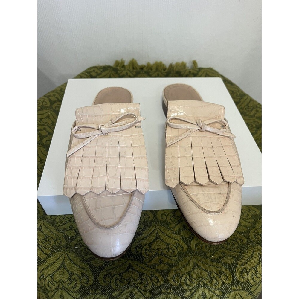 J. Crew Academy Sandwashed Pink Embossed Leather Kiltie Mules Size 9